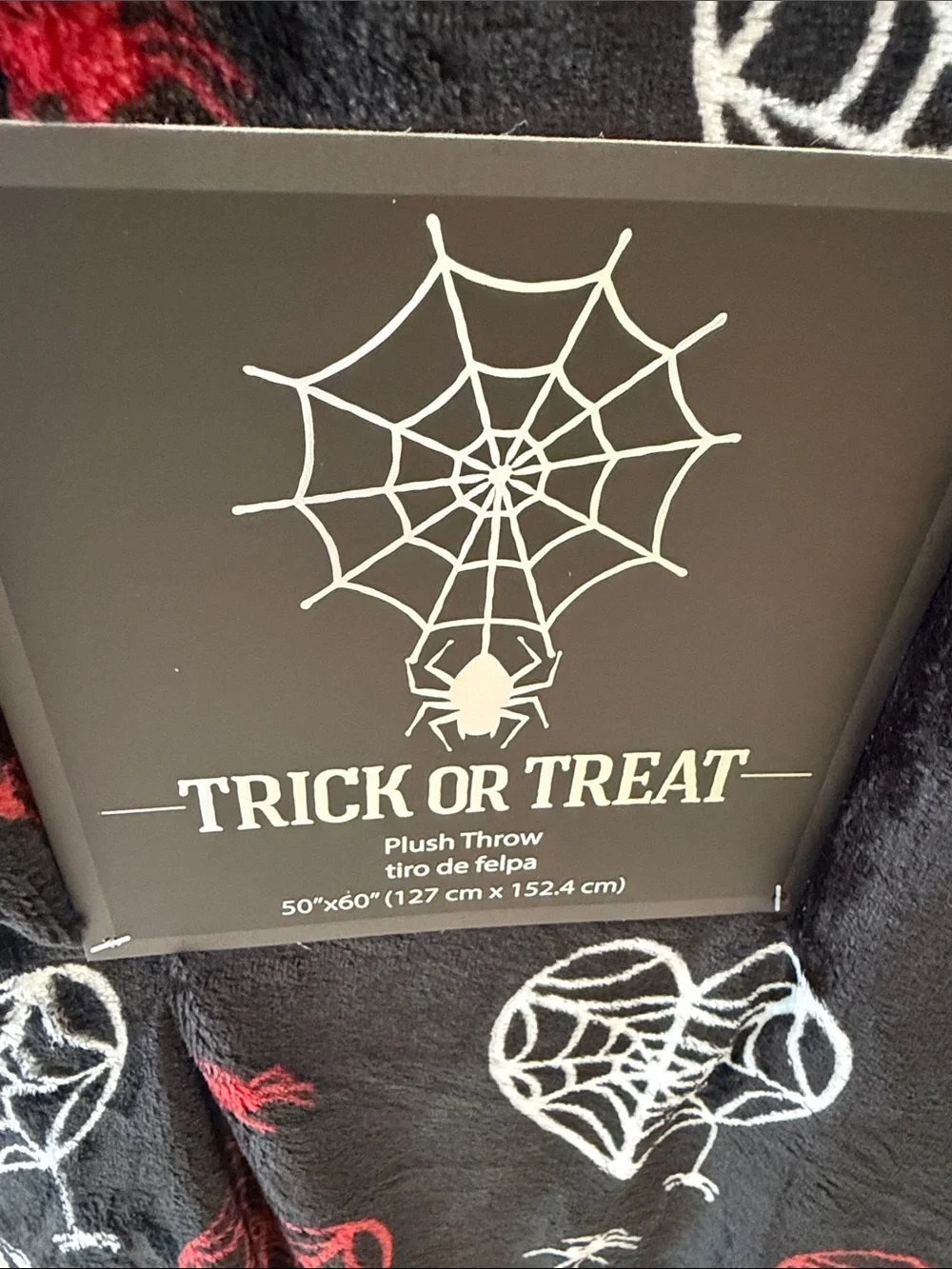 Trick or Treat Halloween Spider Web Throw Blanket in Black, Red & White